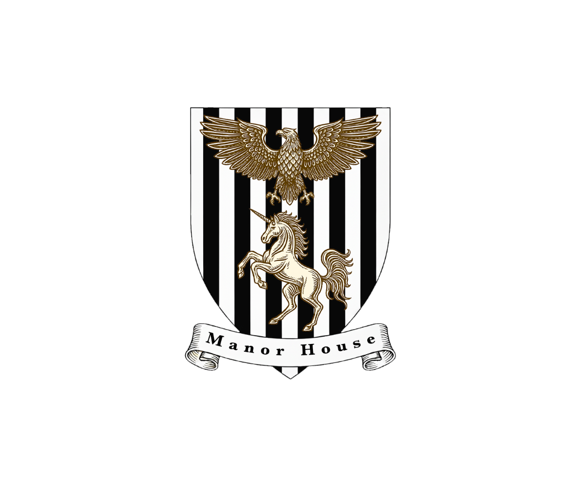 Coat of arms with an eagle and unicorn on a black and white striped background, featuring the text 'Manor House'.