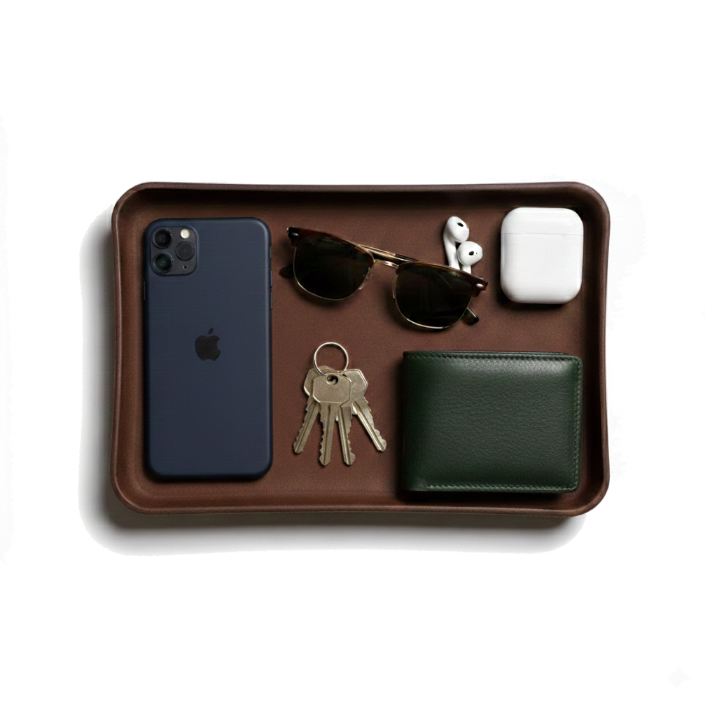 Brown leather tray with phone, sunglasses, keys, and wallet on a white background