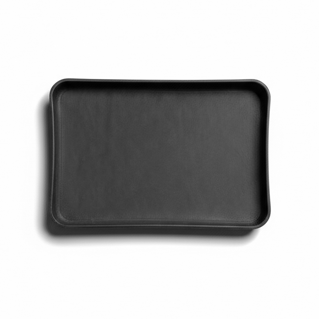 Black rectangular tray on a white background